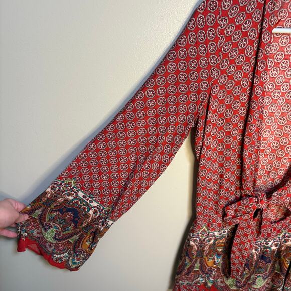 Cotton Candy Red Boho Plunge Tie Front Romper Long Sleeve Small Flowy Shorts - Picture 5 of 11